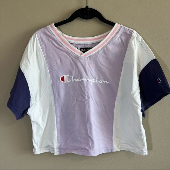 ✨ Champion Women’s Purple Color Block Crop Top Small - Picture 1 of 10